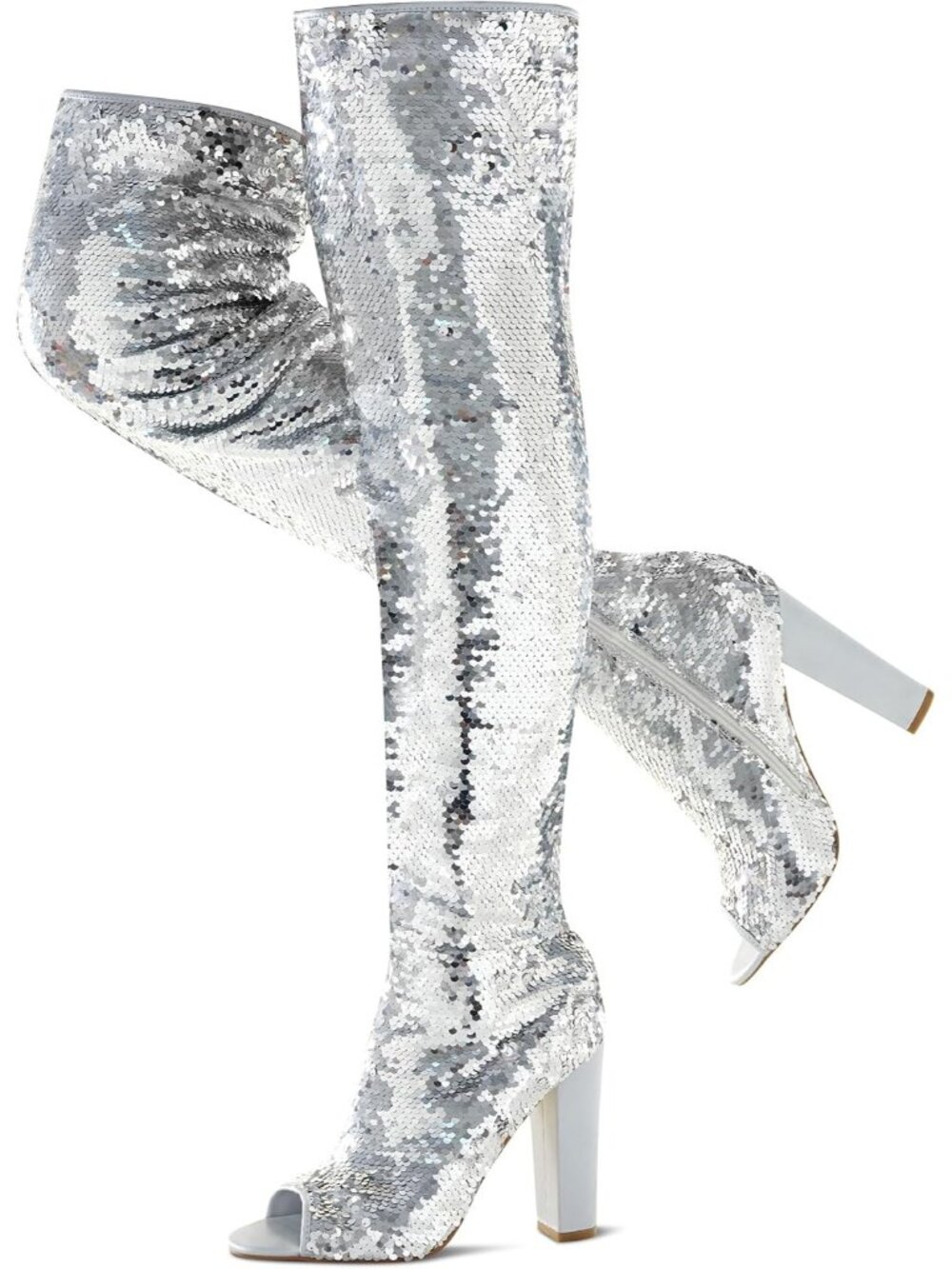 Women's Silver Chunky High Heels Open Toe Sequin Over The Knee Thigh High Boots